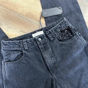 NWT Guess Embellished Women's Black Distressed Denim Straight Leg 26